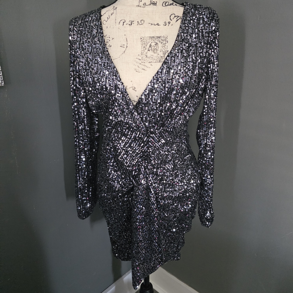 Sparkling Black And Silver Sequin Midi Dress